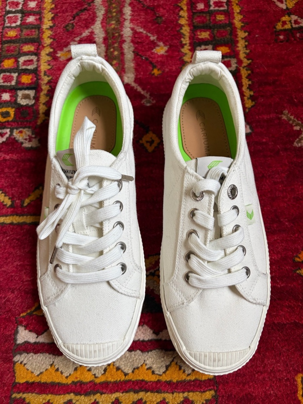 Cariuma White Canvas Women's Sneakers with Lime Accents